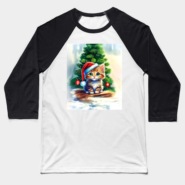 Christmas Kitten Baseball T-Shirt by ArtFactoryAI